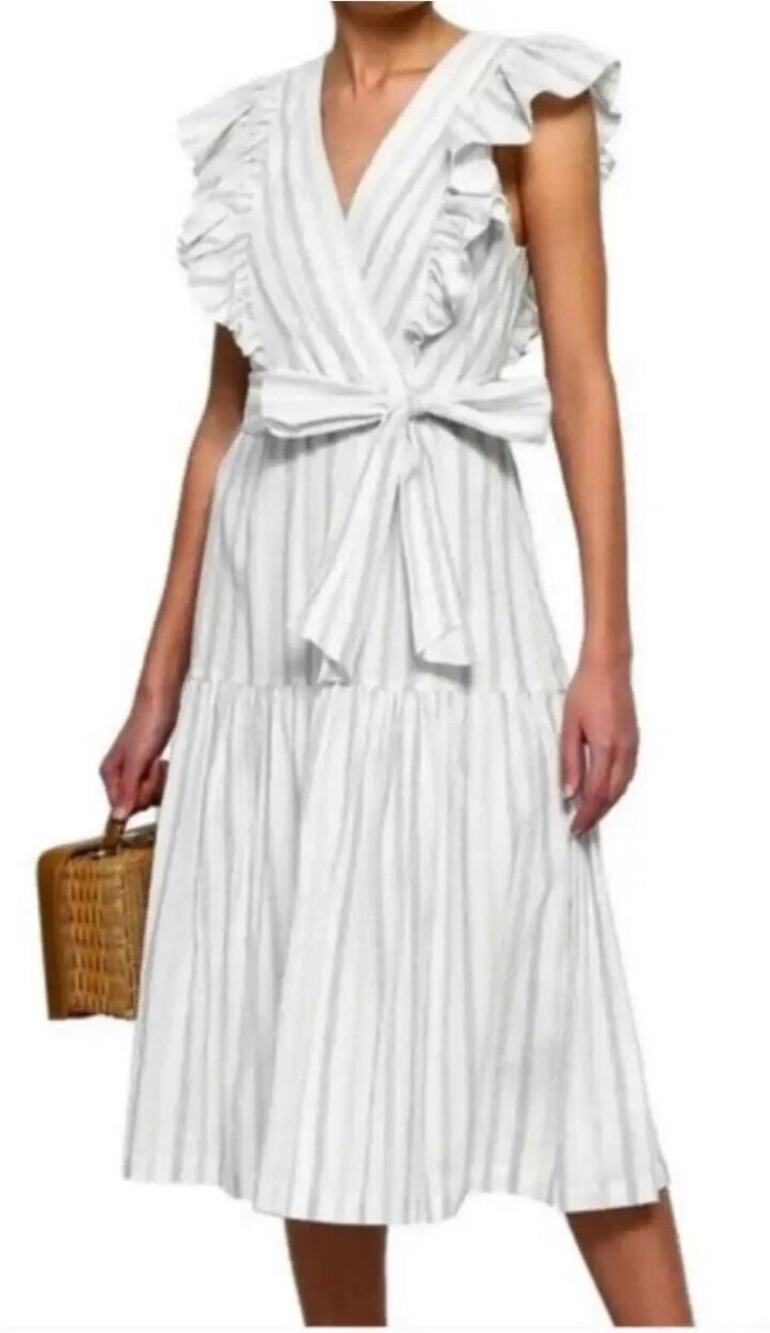 Rebecca Taylor White Blue Stripe Faux Wrap Belted Tie Waist Flutter Midi Dress 4